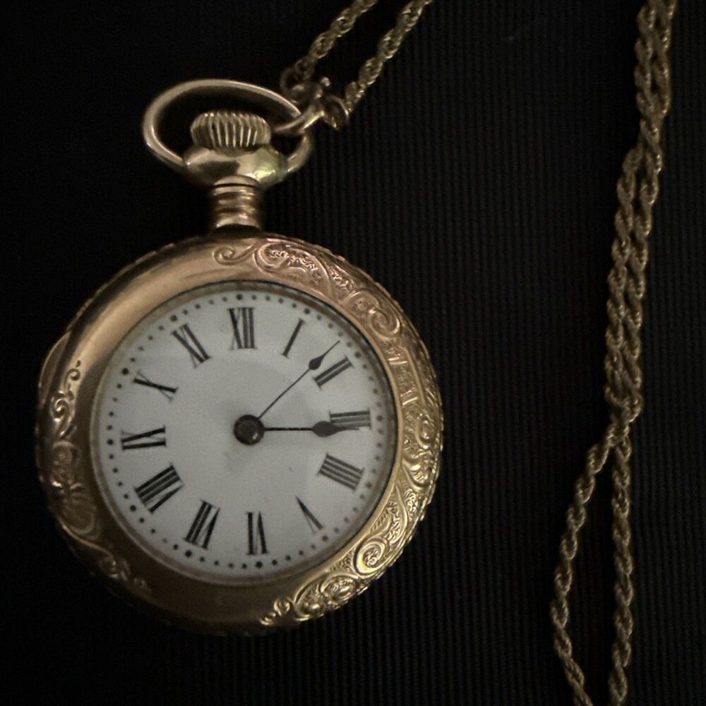 Vintage New Eng. Watch Co. Cavour Pendant Watch 20yr GF W/Opal on Chain~Runs